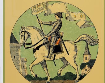 art deco illustration Sainte Joan of Arc on white horse, antique French illustration, digital download