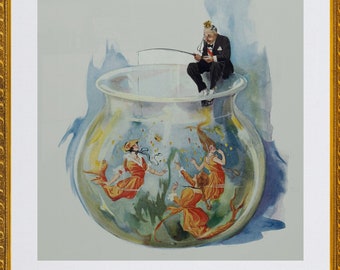 Victorian man catching mermaids in a fish bowl , antique illustration, DIGITAL DOWNLOAD