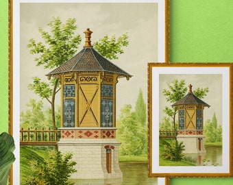 pavilion pagoda Chinoiserie landscape illustration digital download POSTER SIZE