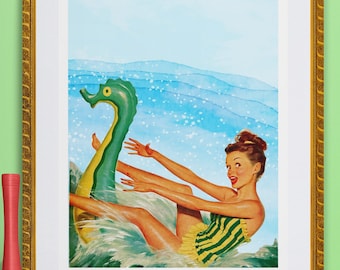 mid century pin-up playing in the waves at the beach illustration digital download