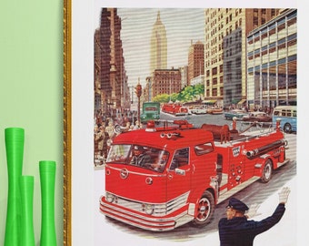 New York city, vintage, mid century red fire truck illustration, digital download