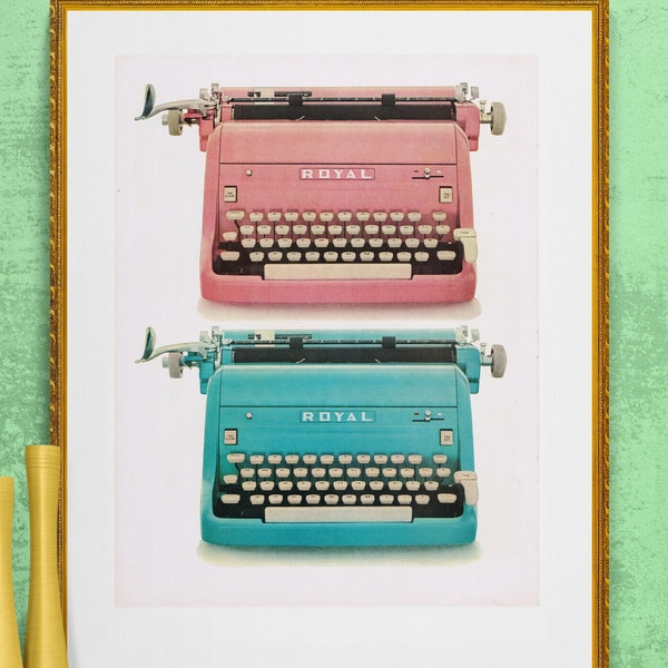 pink and turquoise typewriter, vintage mid century illustration DIGITAL