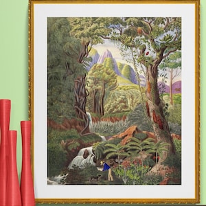 palmiers de la forêt tropicale luxuriante, illustration de paysages, gravures anciennes Français botaniques, morenia poppigria, téléchargement numérique