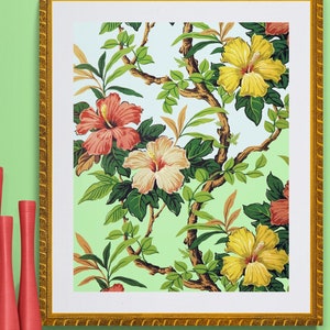 hibiscus wallpaper illustration, tropical flowers, chinoiserie,  antique French botanical illustration digital download