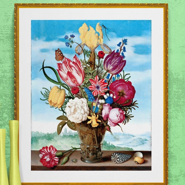 tulips, peony, carnation, iris, flowers bouquet with butterfly,  and seashells digital download