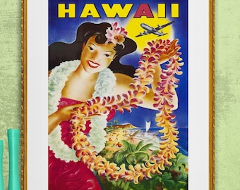 hula girl art deco travel poster Hawaii ,surfer,palm trees,flowers,illustration,digital download