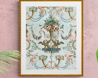 griffin and pink roses antique French chateau wallpaper illustration digital download