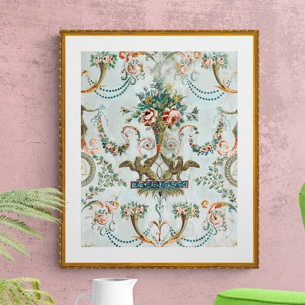 griffin and pink roses antique French chateau wallpaper illustration digital download
