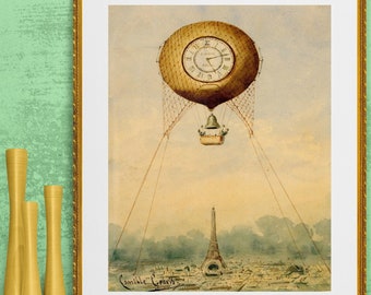 hot air balloon over Paris Eiffel tower , antique French Victorian illustration, digital download