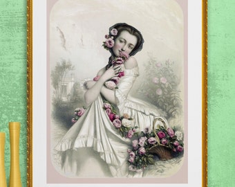 la femme aux roses ,beautiful woman with roses, antique French Victorian illustration, DIGITAL DOWNLOAD