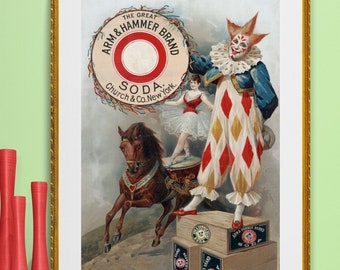 antique Victorian illustration, harlequin clown, circus , advertisement baking soda,  digital download