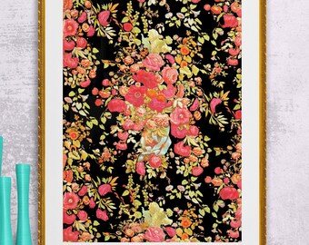 pink and red roses chintz antique French wallpaper illustration digital download, black background