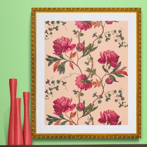 pink peonies antique French wallpaper illustration digital download