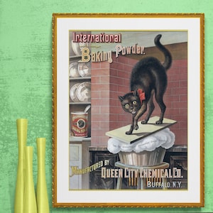 May include: Vintage advertisement for International Baking Powder featuring a black cat standing on a box with the brand name and slogan "International Baking Powder" printed on it. The advertisement also includes the text "Manufactured by Queen City Chemical Co. Buffalo, N.Y."