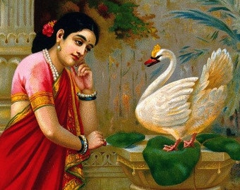 antique victorian Hindu mythology illustration beautiful Hindu woman Damaianti and white swan DIGITAL DOWNLOAD