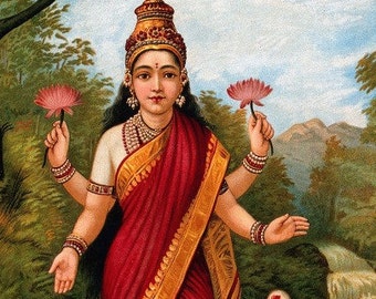 goddess Lakshmi on lotus flower antique Hindu  illustration by Ravi Varma DIGITAL DOWNLOAD