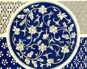 May include: A collection of blue and white floral patterns. The patterns are arranged in a grid with a circular pattern in the center. The patterns are all intricate and detailed.