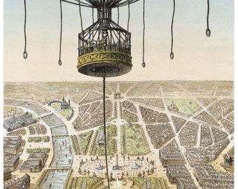 antique french illustration air balloon over the city of Paris France DIGITAL DOWNLOAD
