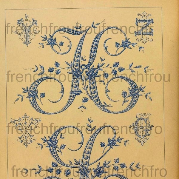 alphabet français antique boutons de rose lettres initiales motif de broderie téléchargement numérique