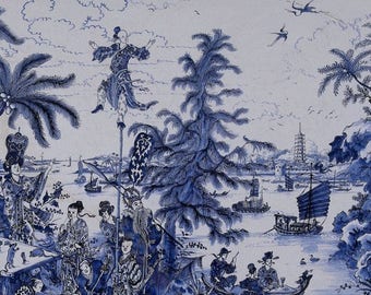 antique french chinoiserie wallpaper acrobats tropical trees pagoda illustration digital download