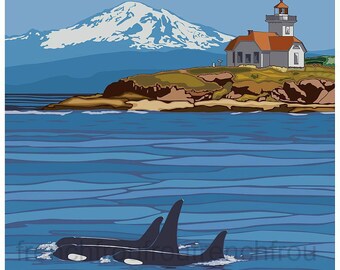 vintage travel poster San Juan Islands washington  state whales illustration digital download