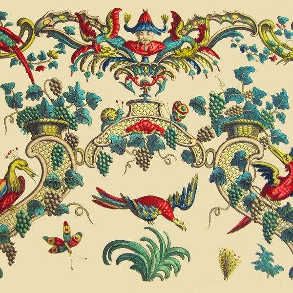 antique french chinoiserie wallpaper illustration phoenix bird peacock dragon digital download