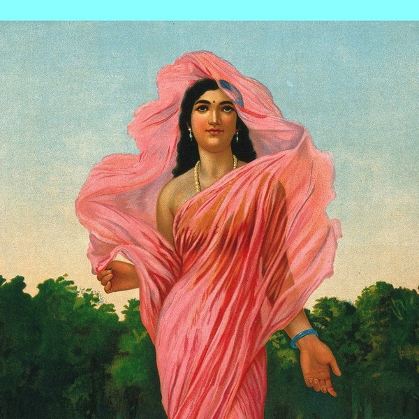 antique victorian Hindu illustration the pink lotus lady Ravi Varma digital download