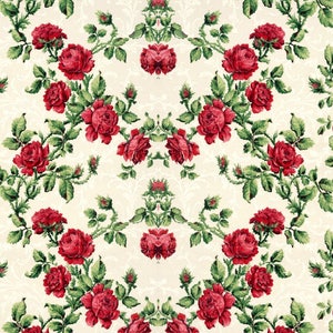 Könnte beinhalten: Ein nahtloses Muster mit roten Rosen und grünen Blättern auf cremefarbenem Hintergrund. Die Rosen sind in voller Blüte, mit detaillierten Blütenblättern und einer satten roten Farbe. Die Blätter sind ein leuchtendes Grün, und das Muster wiederholt sich.