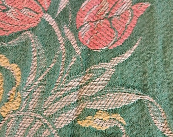 antique 1930 art deco french curtain panel tulips embossed on green cotton fabric