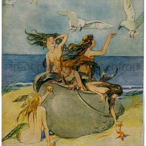 antique victorian illustration mermaids playing with seagulls DIGITAL DOWNLOAD