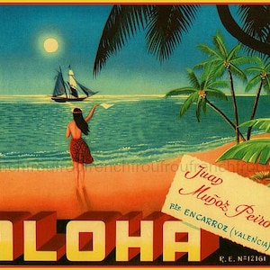 vintage hawaii poster aloha hula girl beach illustration digital download