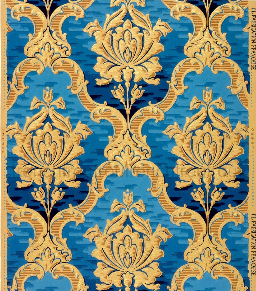 Antique French Wallpaper Design Rich Gold Blue Roses in Louis - Etsy Antique French Wallpaper Design Rich Gold Blue Roses in Louis - Etsy