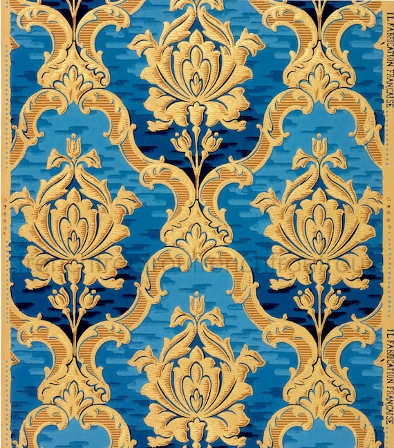 antique french wallpaper design rich gold blue roses in louis 15 th frame  illustration digital download