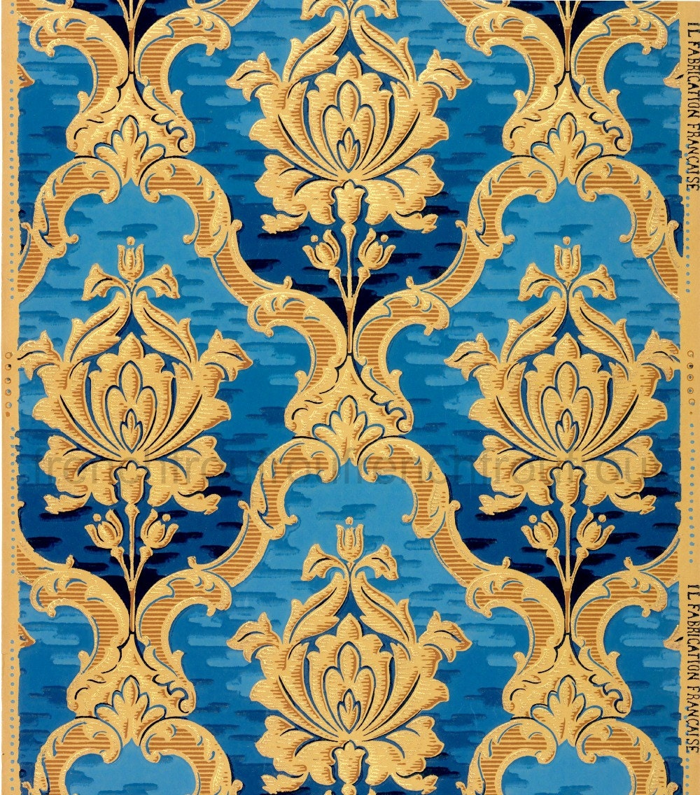 Antique French Wallpaper Design Rich Gold Blue Roses in Louis - Etsy Antique French Wallpaper Design Rich Gold Blue Roses in Louis - Etsy