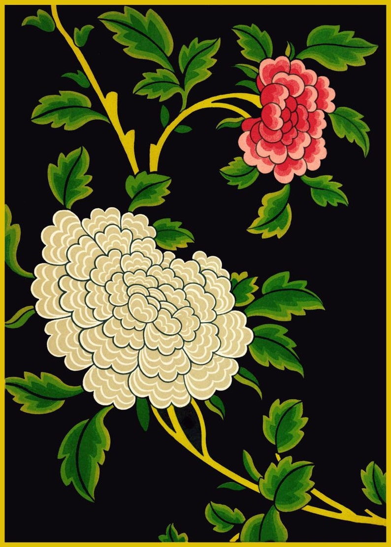 Antique French Chinoiserie Wallpaper Pink and Whites Peonies Black