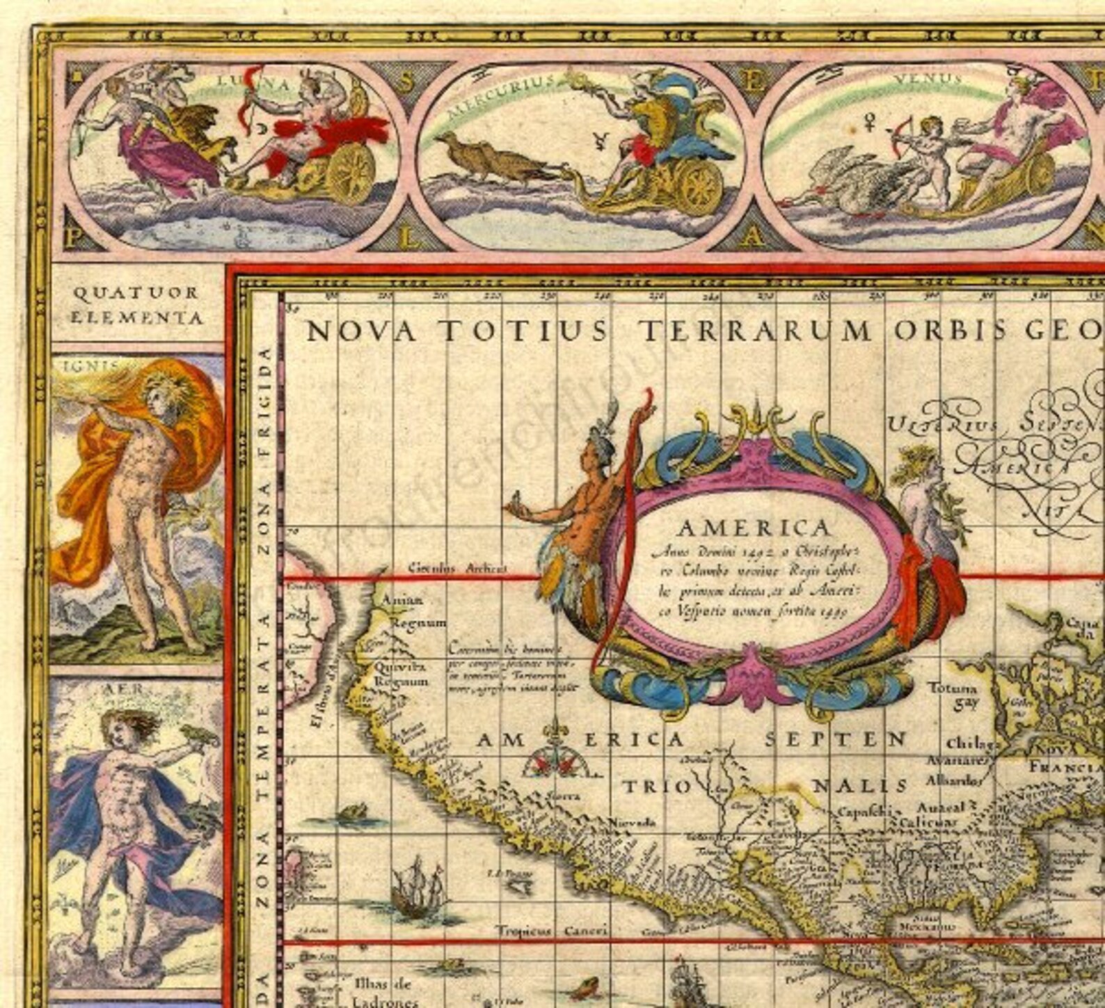 Antique Illustrated Colored Map of the World Astrological Design ...