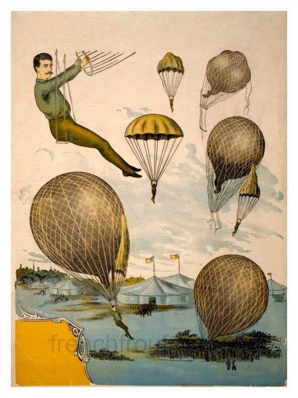 Antique French Hot Air Balloon Acrobat Illustration Digital