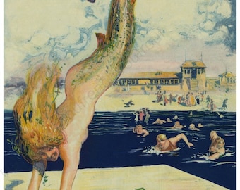 antique  victorian illustration the pursue of the mermaid digital download