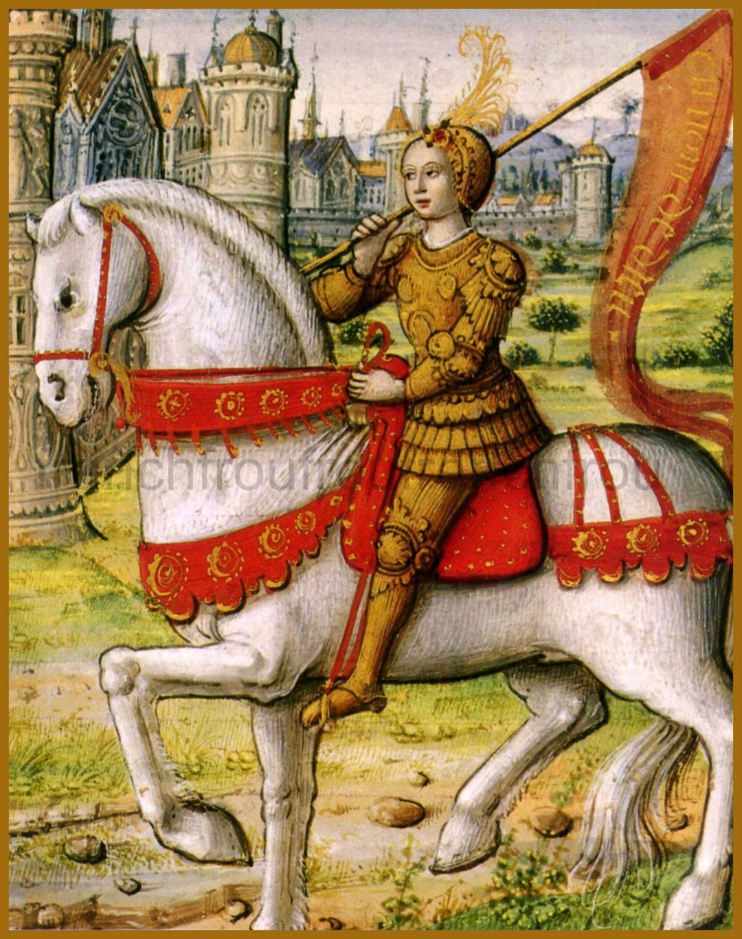 Antique Illustration Saint Joan of Arc Horseback Riding