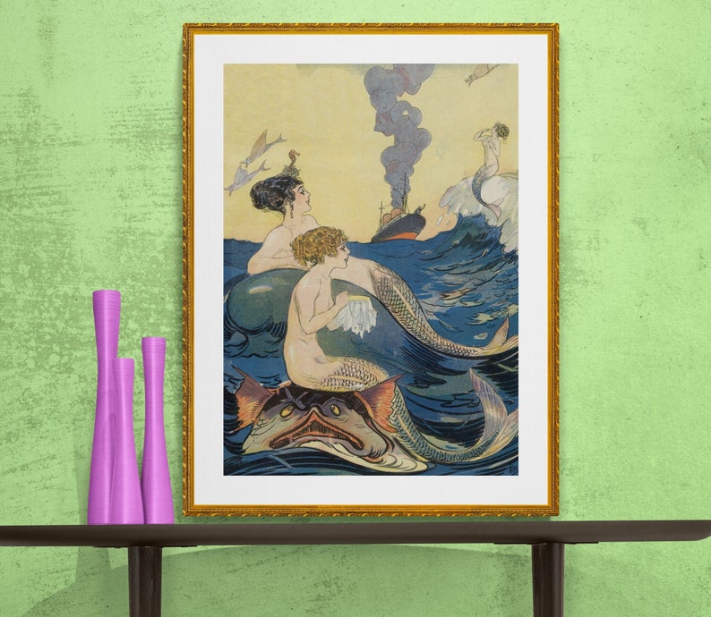 mermaids at sea doing needle work antique illustration DIGITAL DOWNLOAD image 1