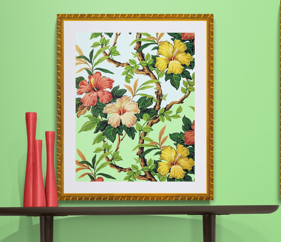 Hibiscus Wallpaper Illustration, Tropical Flowers, Chinoiserie, Antique