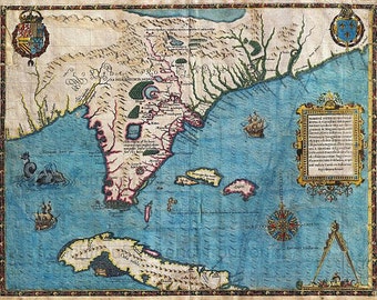 antique map of cuba and florida in 1591 illustration DIGITAL DOWNLOAD