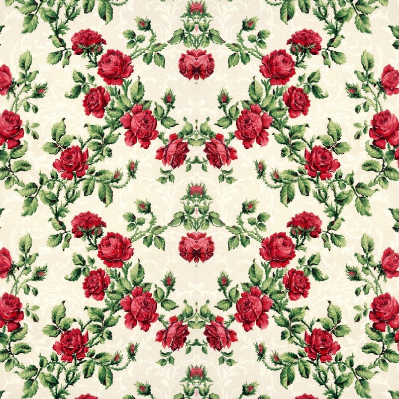 Antique french botanical wallpaper red roses illustration | Etsy