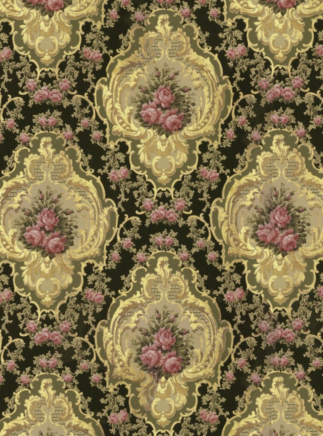 Antique French Wallpaper Pink Roses Medallion Illustration Digital