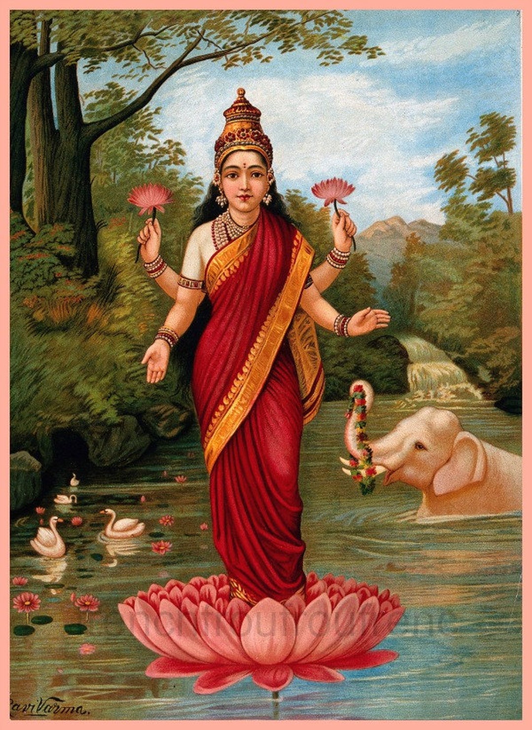 Buy Goddess Lakshmi on Lotus Flower Antique Hindu Illustration by Ravi