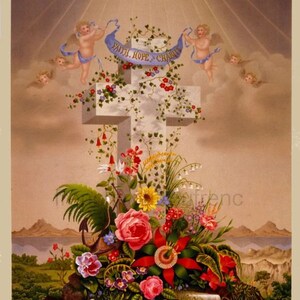 Croce di Pasqua cattolica, rose, angelo, fede, speranza, carità, illustrazione, download digitale, biglietto di preghiera