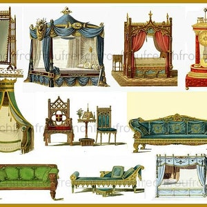 Può includere: Una collezione di mobili antichi, tra cui un letto a baldacchino, un divano, una chaise longue, una sedia e un orologio. I mobili sono decorati con intagli intricati e accenti dorati.