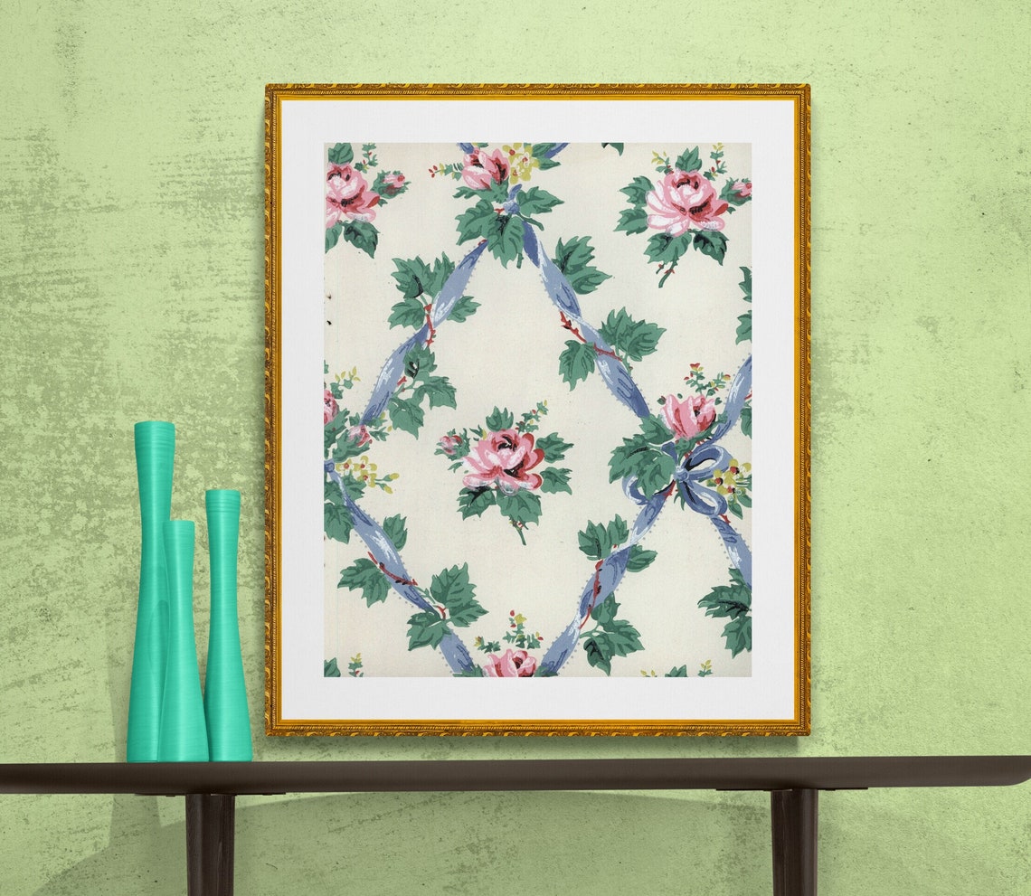 Pink Roses, Turquoise Ribbon, Antique French Chateau Wallpaper ...