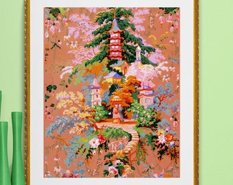 peonies cherry blossom chinoiserie wallpaper illustration digital download