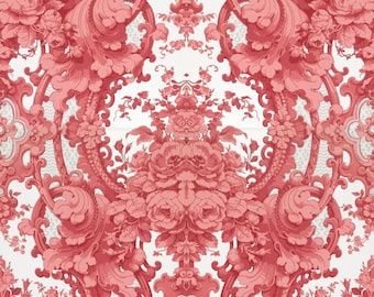 antique French chateau wallpaper marie antoinette style pink roses scrolls and garlands illustration